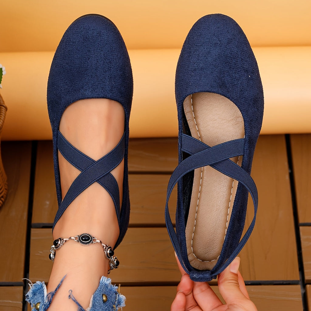 Women's Casual Ballet Flats with Crossed Straps and Round Toe Royal Blue