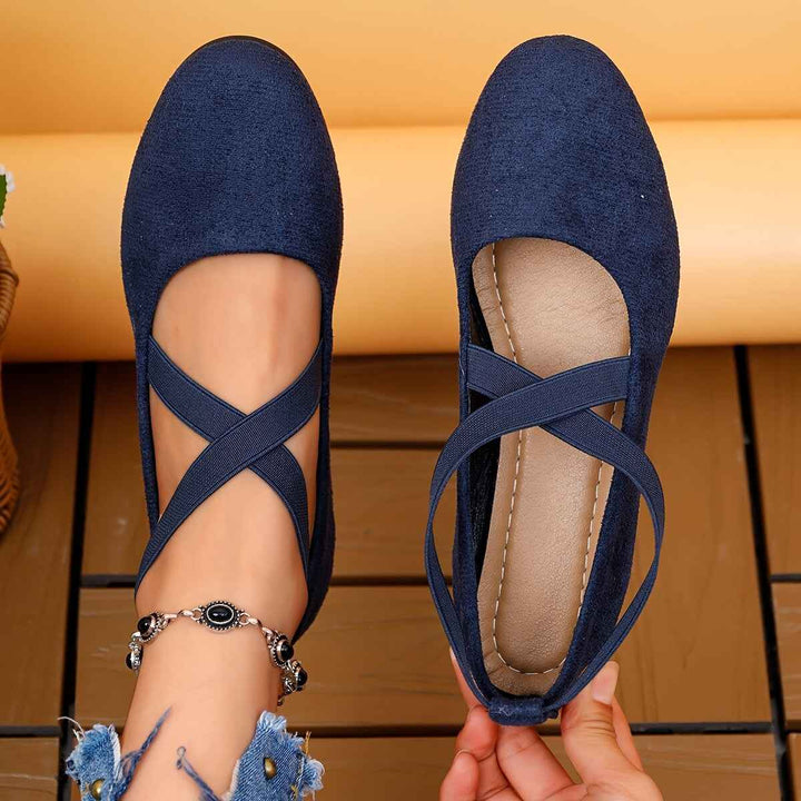 Women's Casual Ballet Flats with Crossed Straps and Round Toe Royal Blue