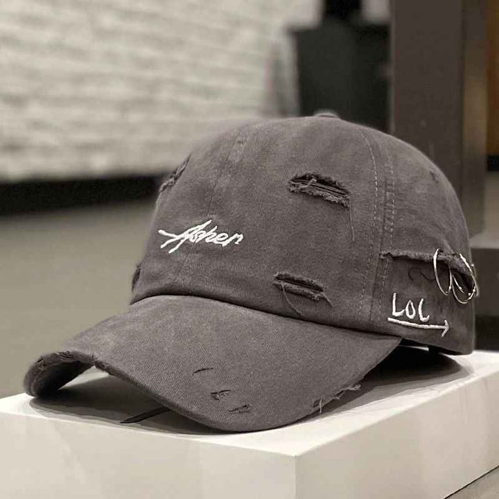 Korean Ins Retro Tattered Jeans Soft Peaked Cap Women Gray M