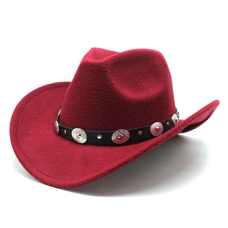 Minority Style Woolen Cowboy Hats for Couples - Stylish Western Fashion for Men & Women Wine Red M56to58cm