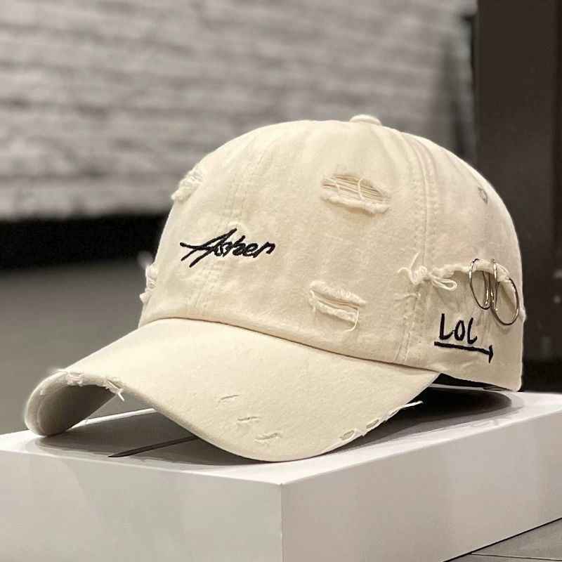 Korean Ins Retro Tattered Jeans Soft Peaked Cap Women Beige M