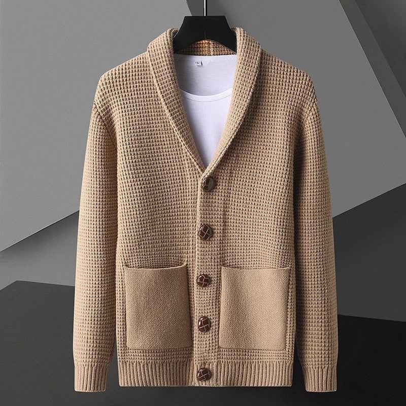 Men's Regular Fit Shawl Collar Cardigan - Button Front Design Tan