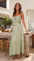 Women's Bohemian Maxi Dress with Spaghetti Straps and Cut-Out Waist Green