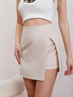 Women's High Waist Mini Skirt - Elegant Textured Fabric with Side Slit XL