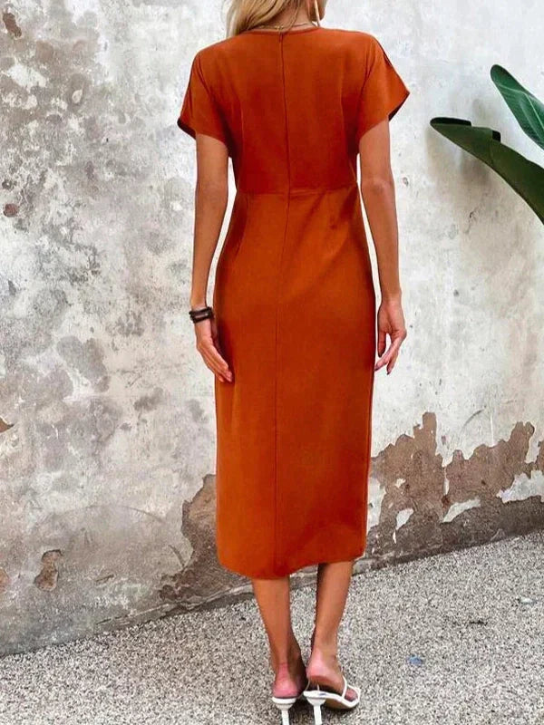 Elegant Satin Summer Midi Dress with V-Neck for Women