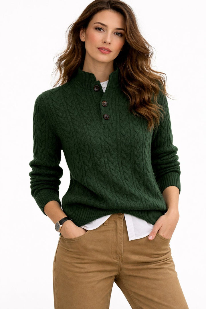 Women's Cable Knit Sweater with Button Neck Green