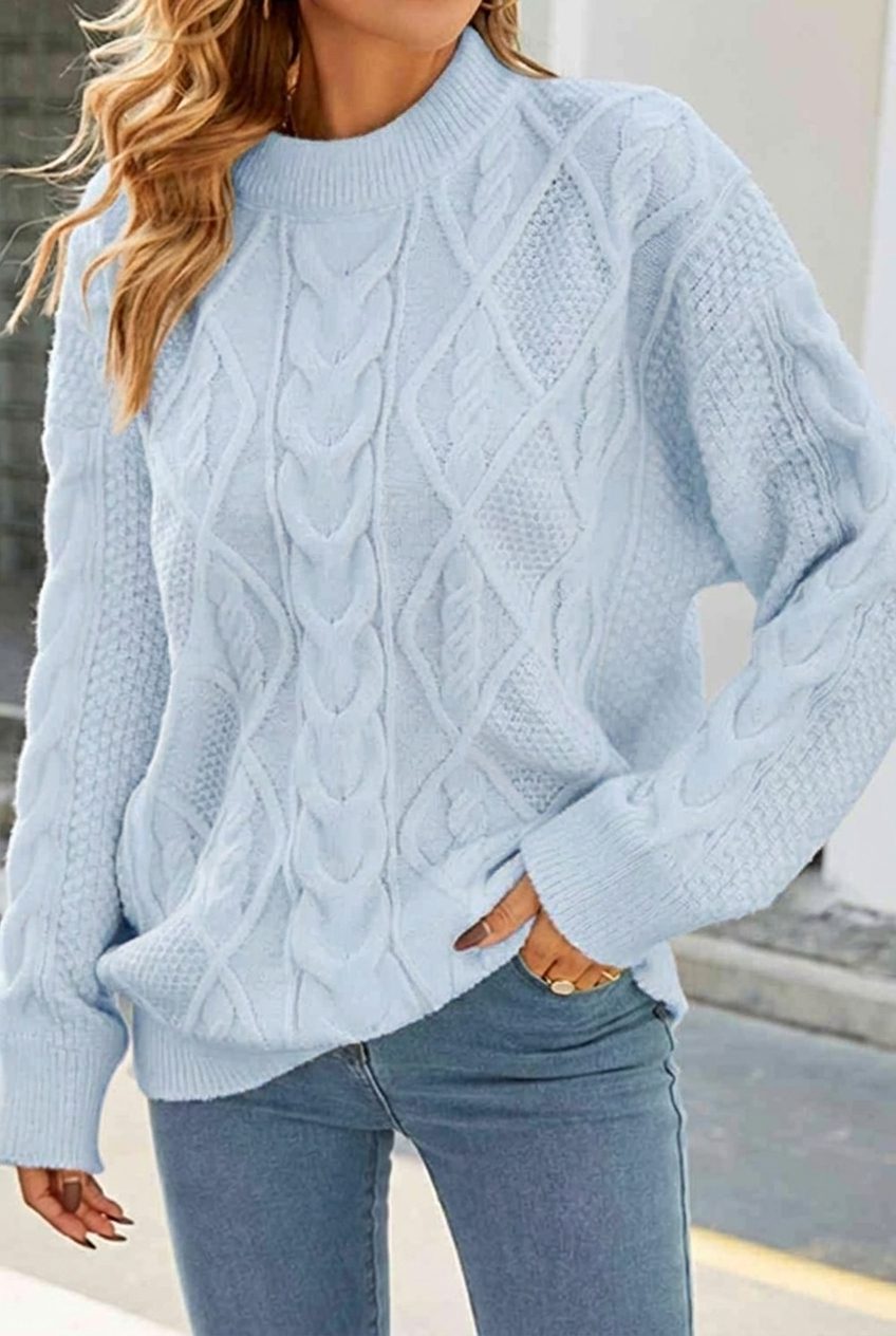Women's Oversized Cable Knit Sweater with Crew Neck Blue One Size