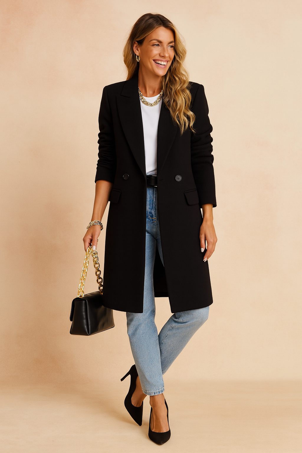 Women's Double-Breasted Longline Blazer Black