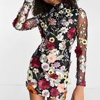Women's Long Sleeve Dress - Figure-Flattering with 3D Flower Applique & High Neck Black