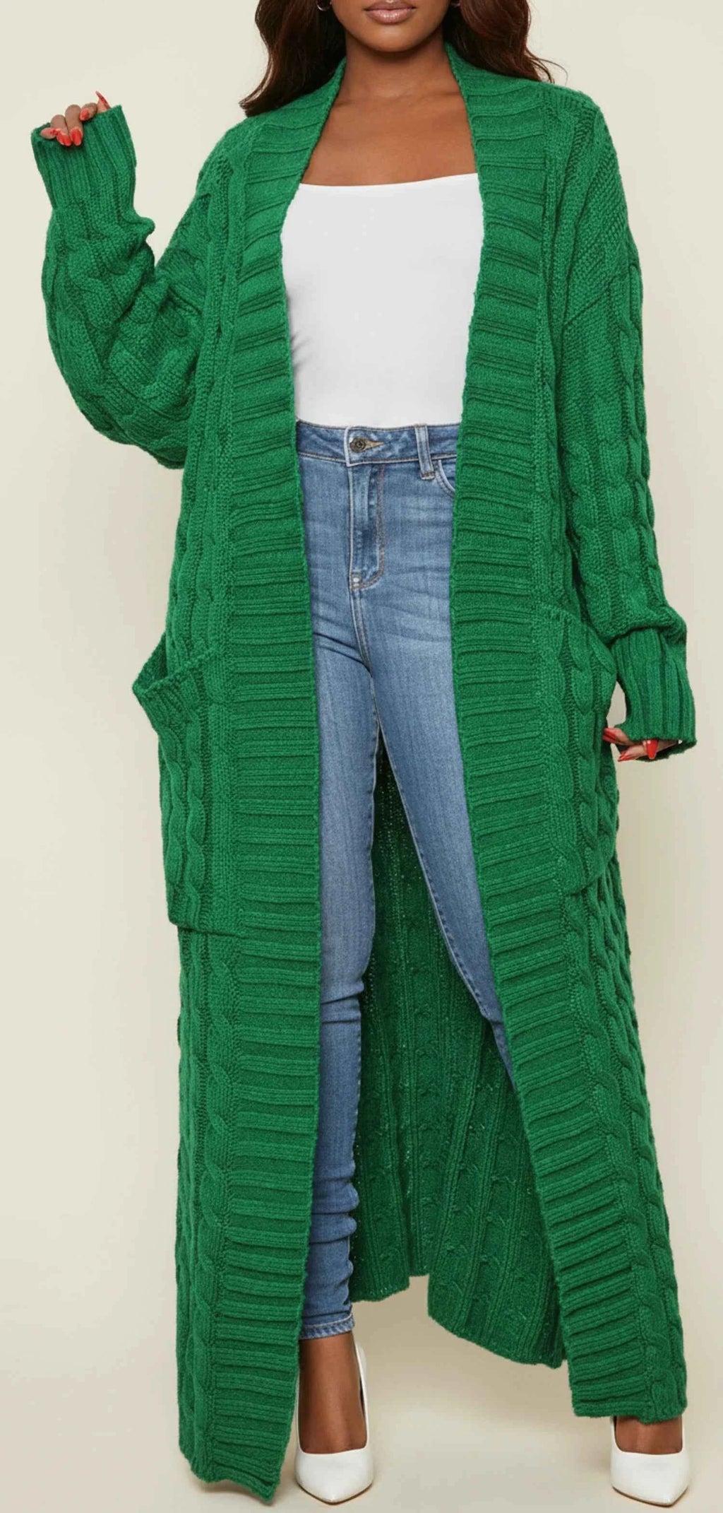 Women's Open Front Long Cardigan Green