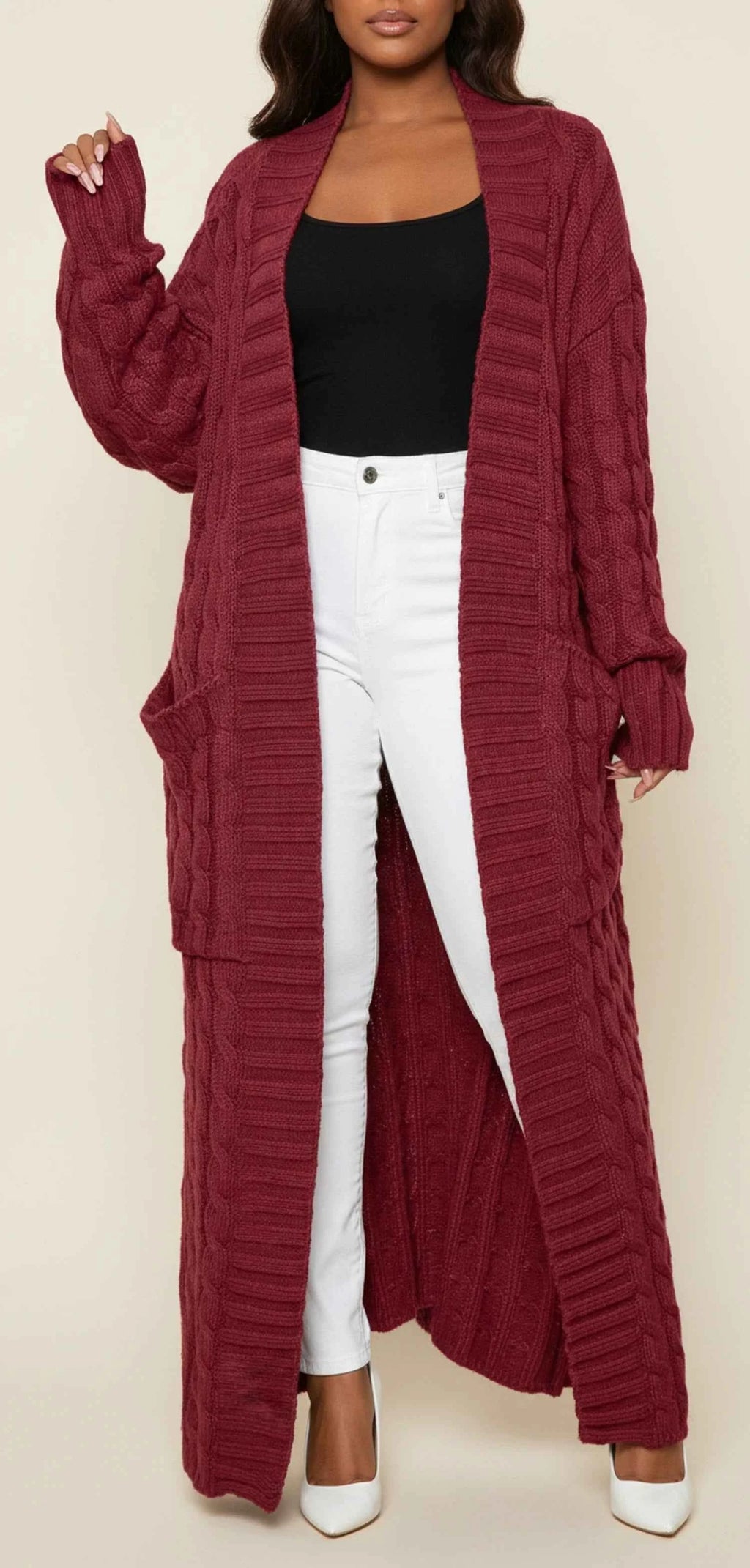 Women's Open Front Long Cardigan Burgundy