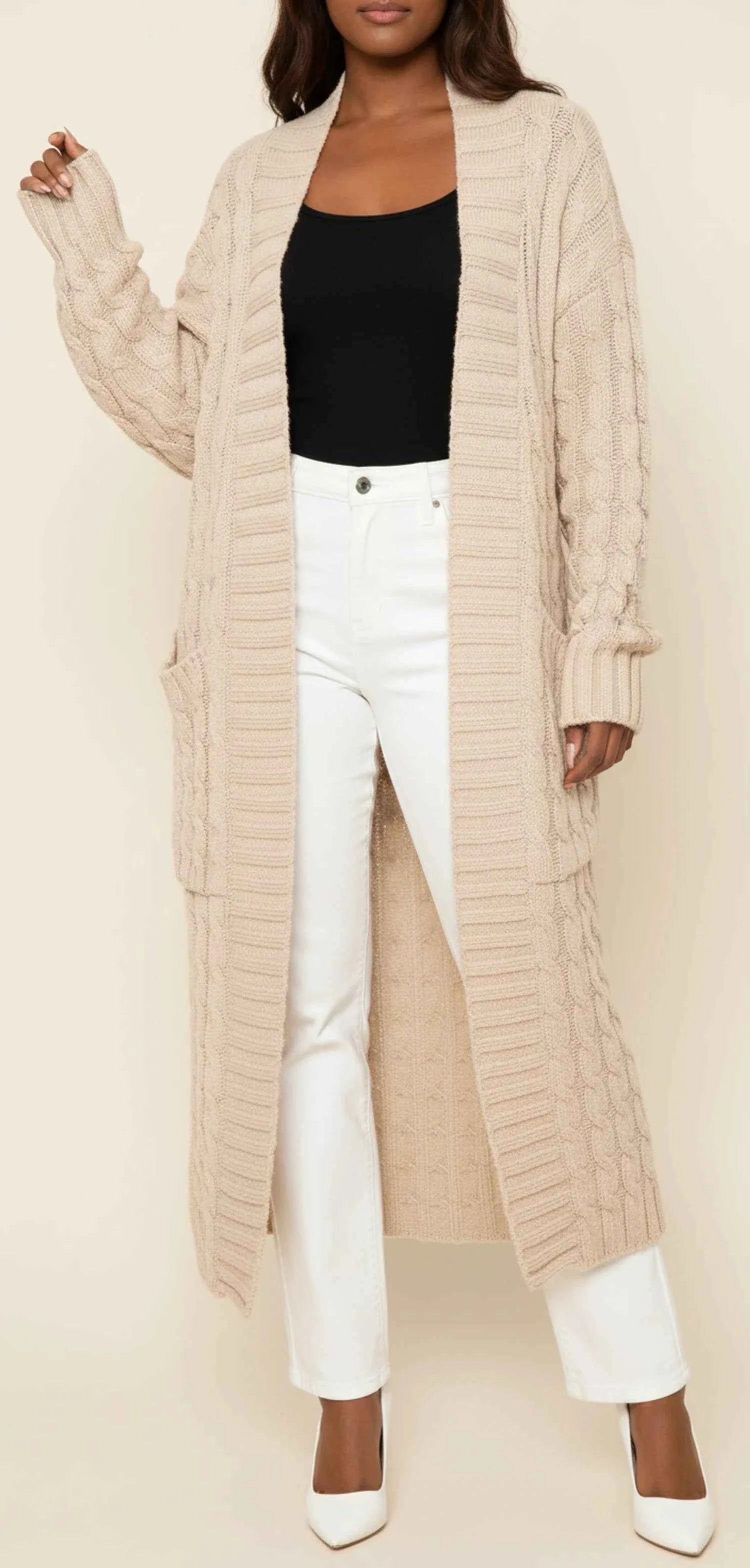 Women's Open Front Long Cardigan Beige