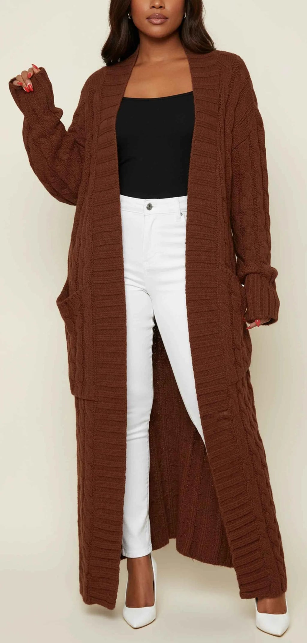 Women's Open Front Long Cardigan Brown