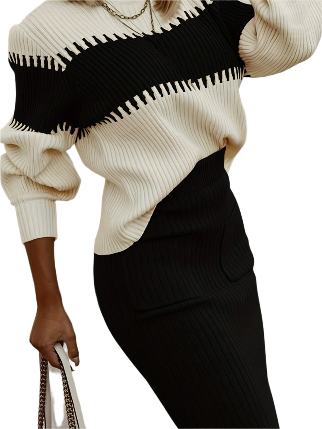 Women's Ribbed Twinset: Knitted Sweater & Pencil Skirt - Long Sleeve Comfort Fit Black