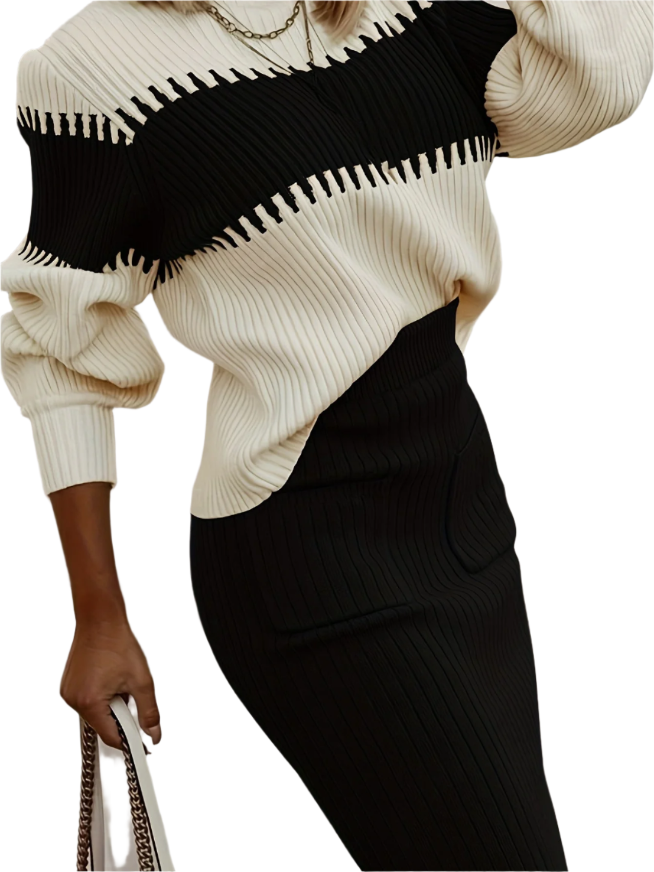 Women's Ribbed Twinset: Knitted Sweater & Pencil Skirt - Long Sleeve Comfort Fit Black