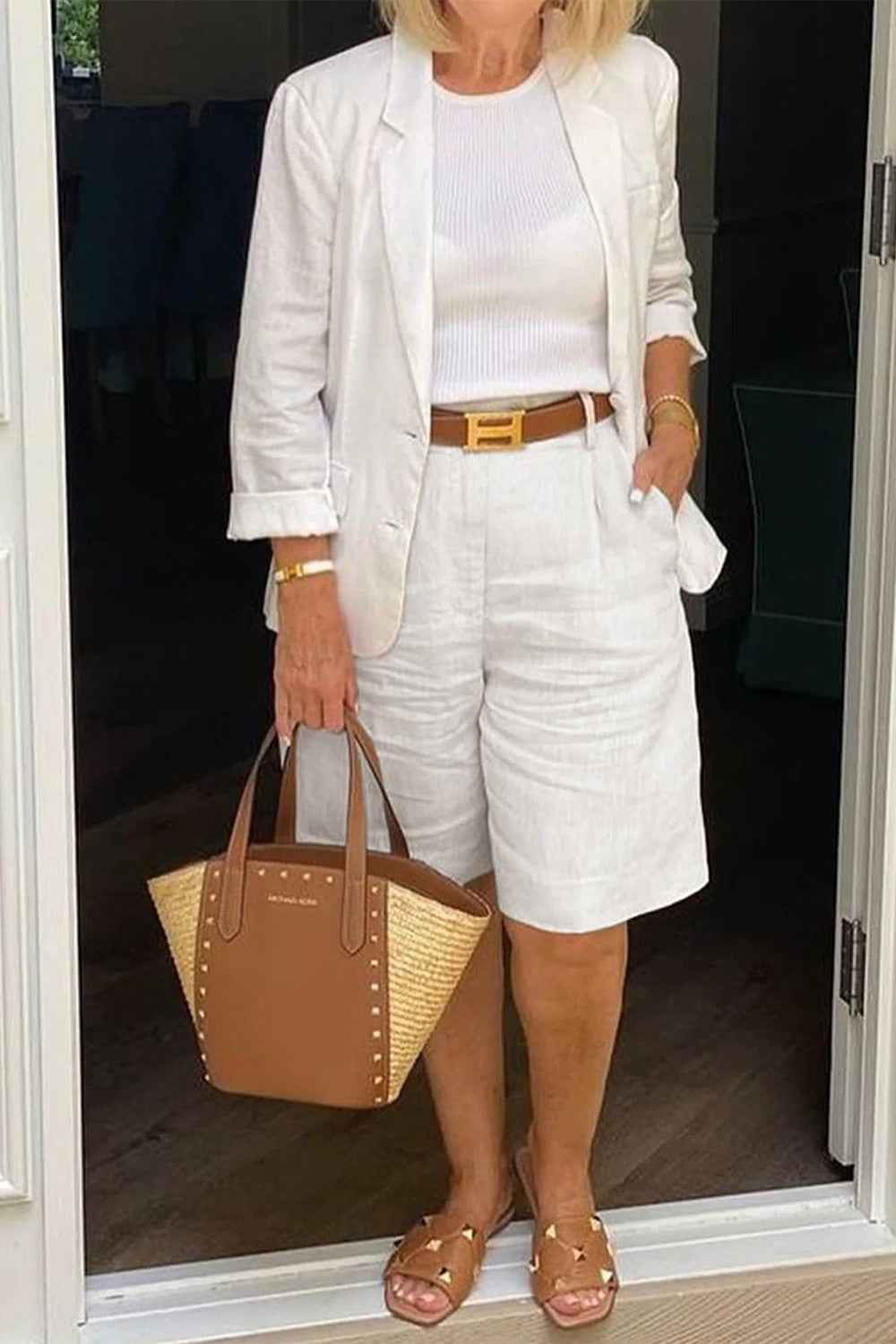 Women's Relaxed Fit Blazer and Short Set – Breathable Fabric – Knee-Length Style White