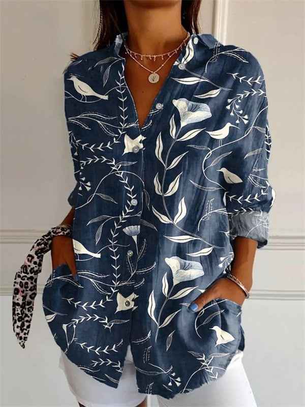 Women's Floral Print Short Sleeve Shirt - Loose Fit - Natural Fibers Blue
