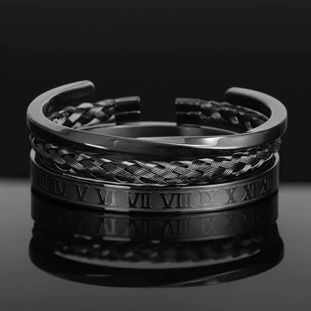 Open Design Cuff Bracelet Set | Polished Finish - 3 Pieces Black