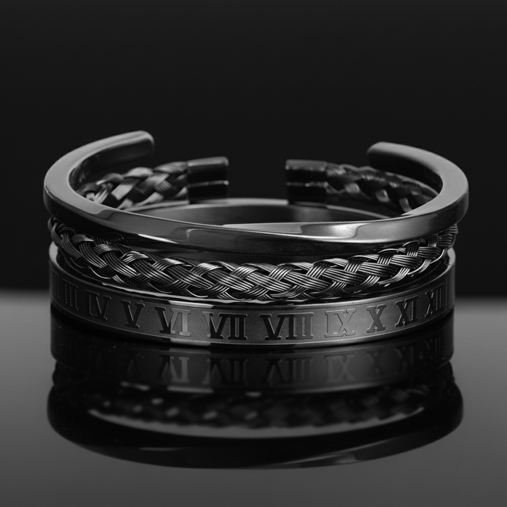 Open Design Cuff Bracelet Set | Polished Finish - 3 Pieces Black