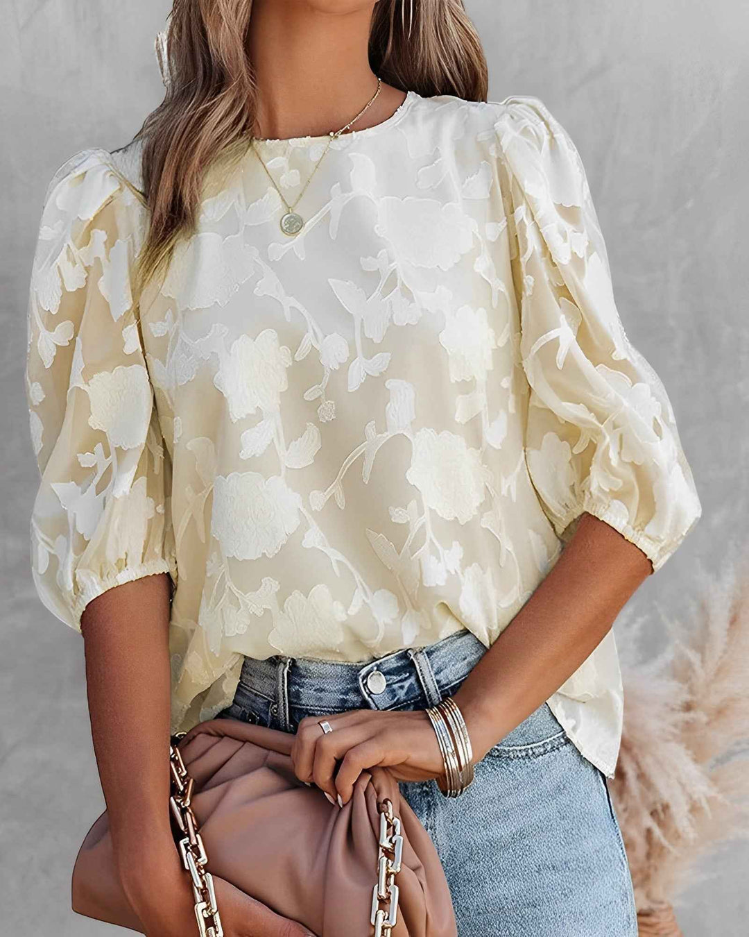 Women's Floral Jacquard Summer Blouse with Puff Sleeves Apricot