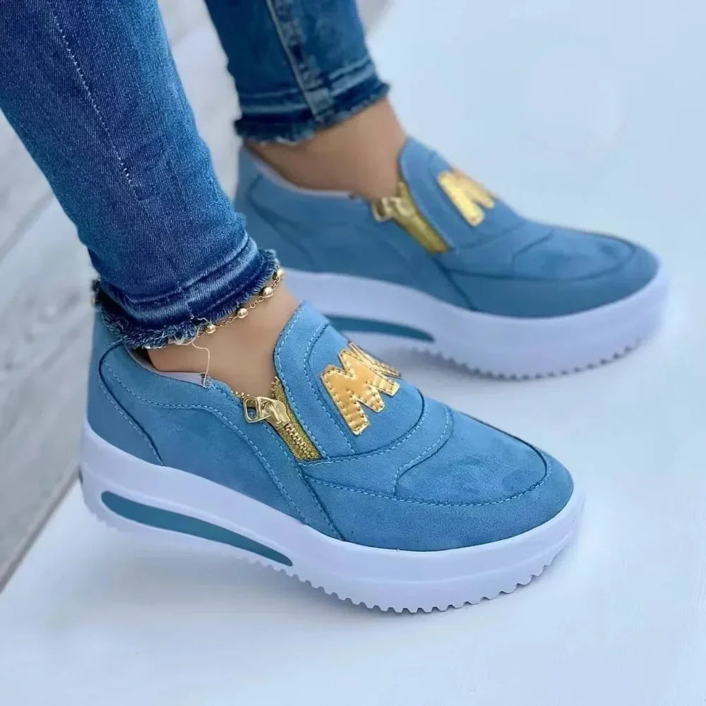Women's Casual Slip-On Sneakers with Side Zipper and Gold Accents Sky Blue