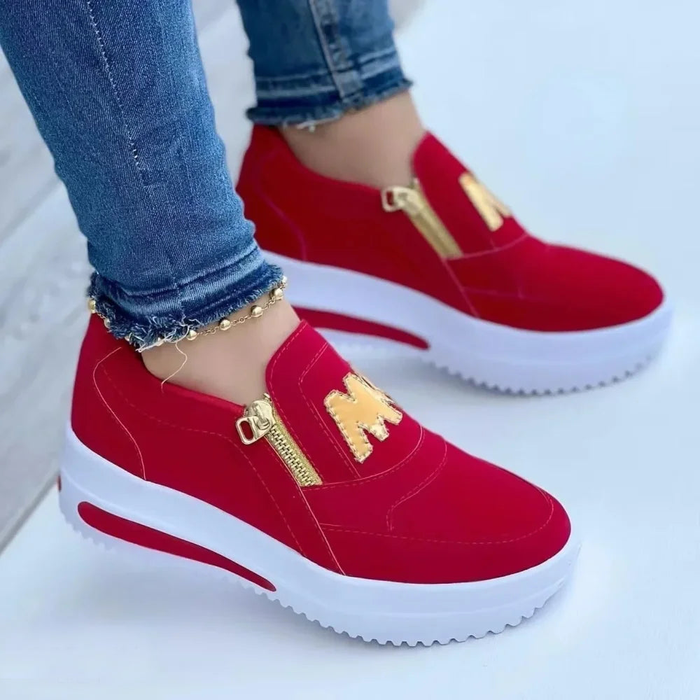 Women's Casual Slip-On Sneakers with Side Zipper and Gold Accents Red