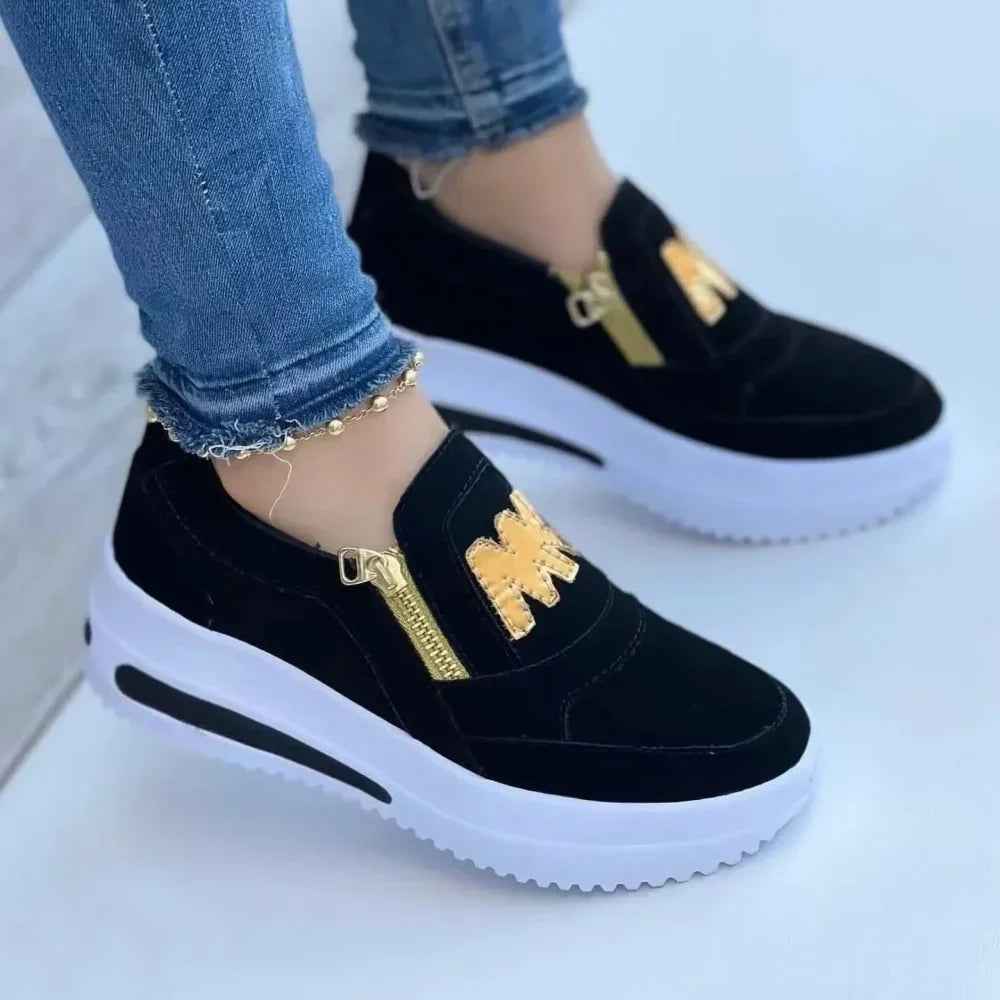 Women's Casual Slip-On Sneakers with Side Zipper and Gold Accents Black