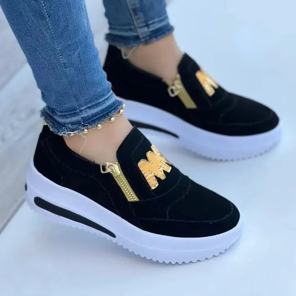 Women's Casual Slip-On Sneakers with Side Zipper and Gold Accents Black
