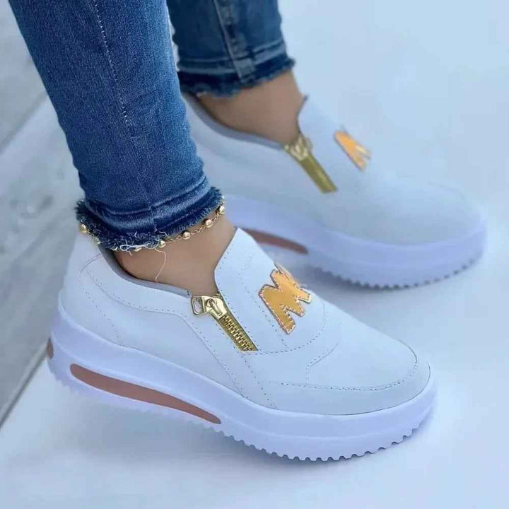 Women's Casual Slip-On Sneakers with Side Zipper and Gold Accents White
