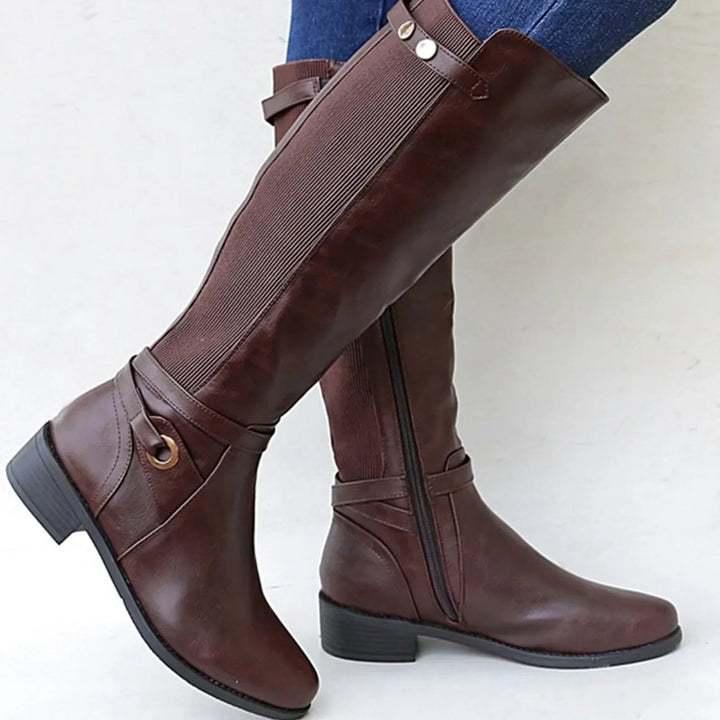 Stivali al ginocchio da donna in pelle con tacco largo