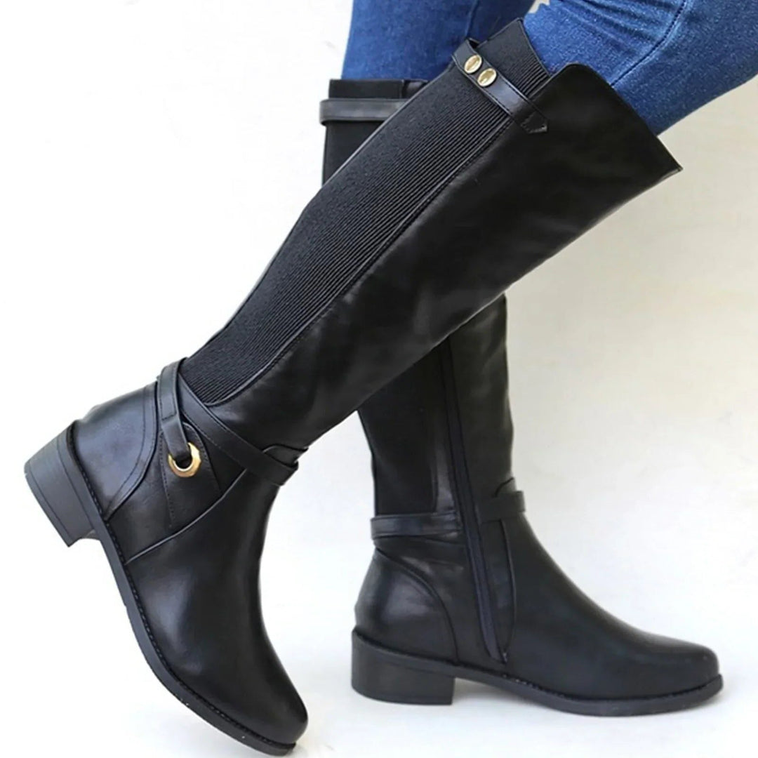 Stivali al ginocchio da donna in pelle con tacco largo