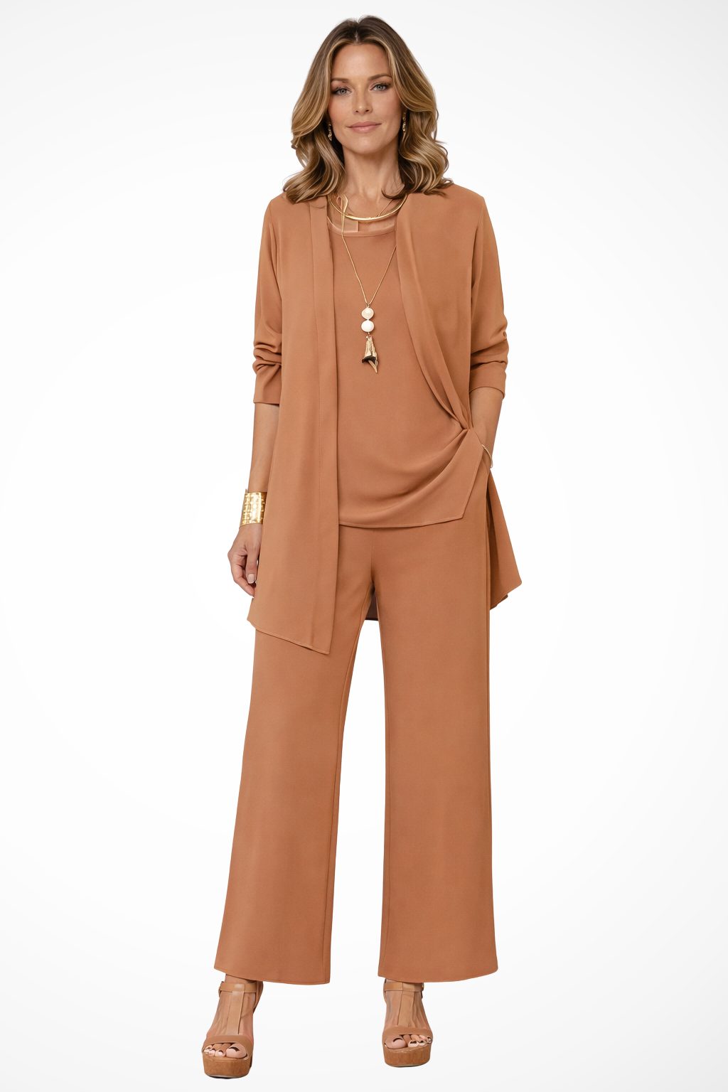 Women's Oversized Long Cardigan Set with Wide Leg Pants Brown