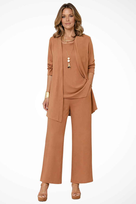 Women's Oversized Long Cardigan Set with Wide Leg Pants Brown