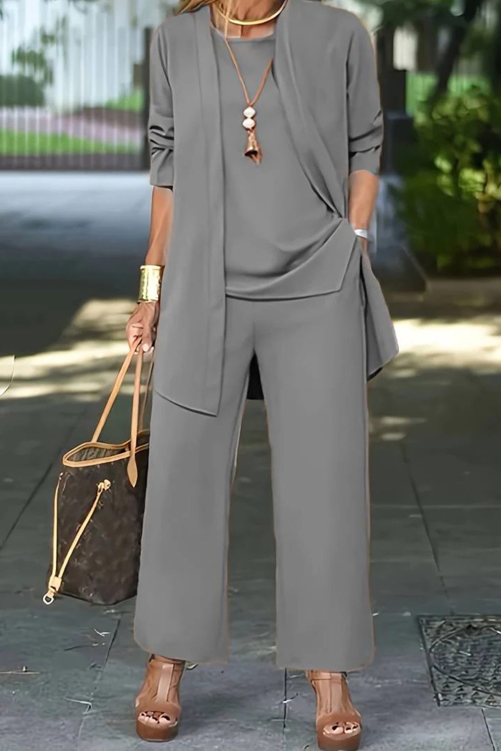 Women's Oversized Long Cardigan Set with Wide Leg Pants