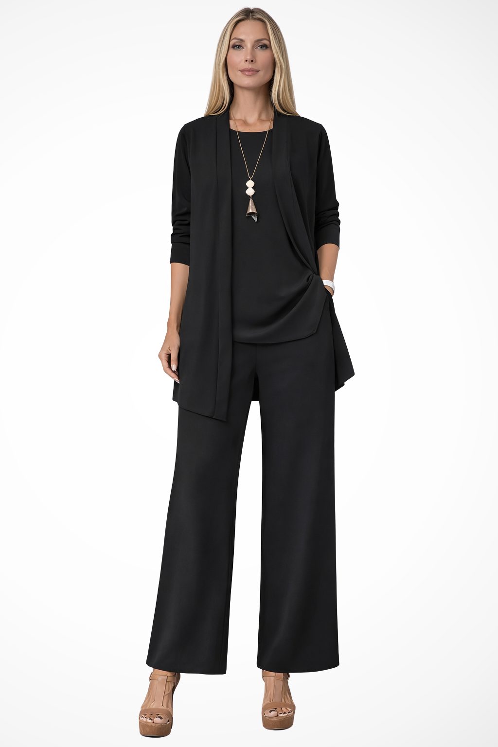 Women's Oversized Long Cardigan Set with Wide Leg Pants Black