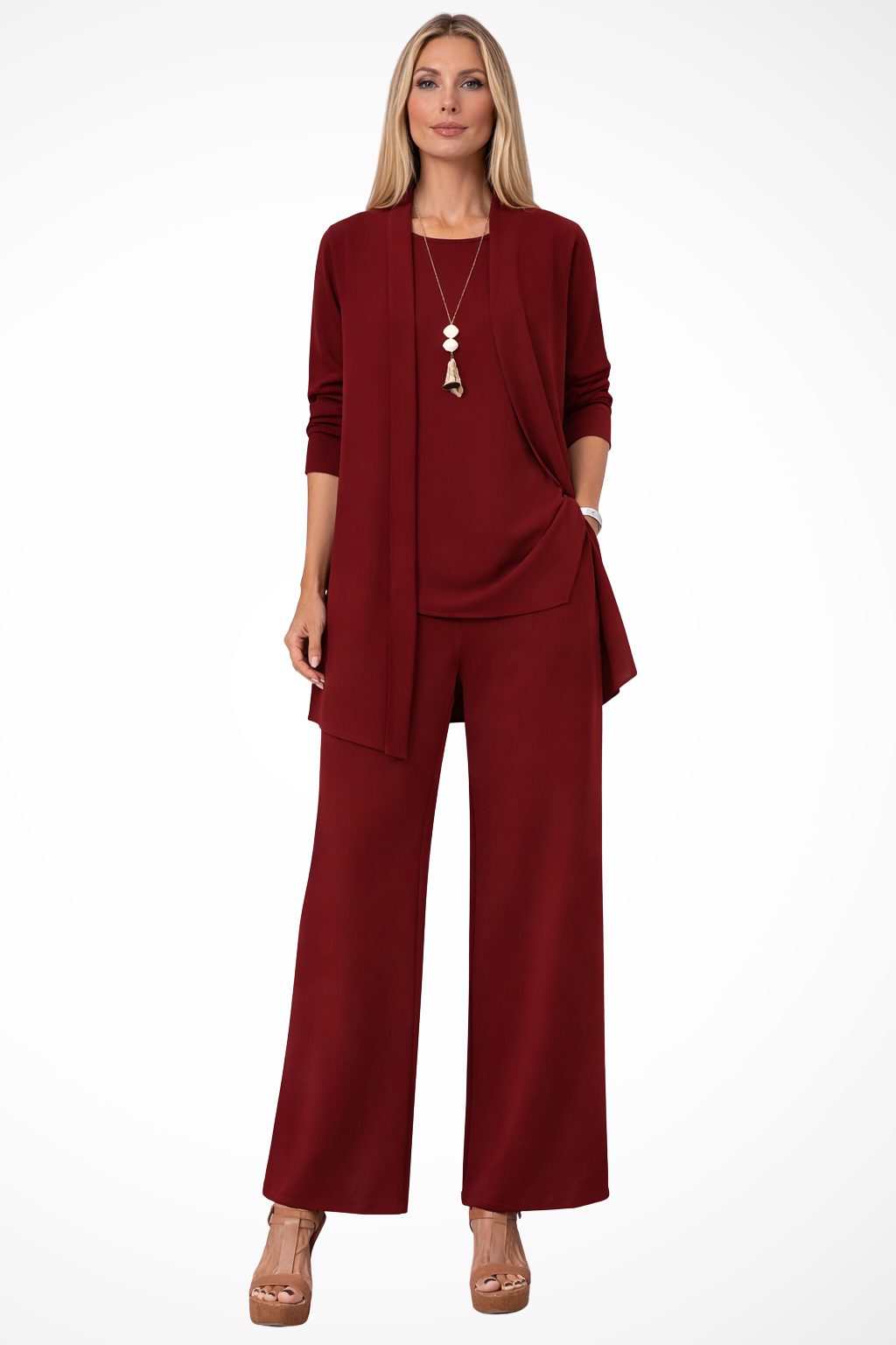 Women's Oversized Long Cardigan Set with Wide Leg Pants Wine Red
