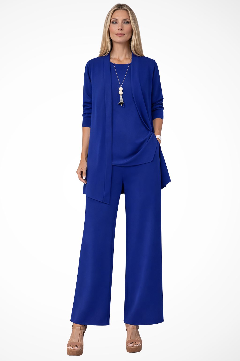 Women's Oversized Long Cardigan Set with Wide Leg Pants Blue