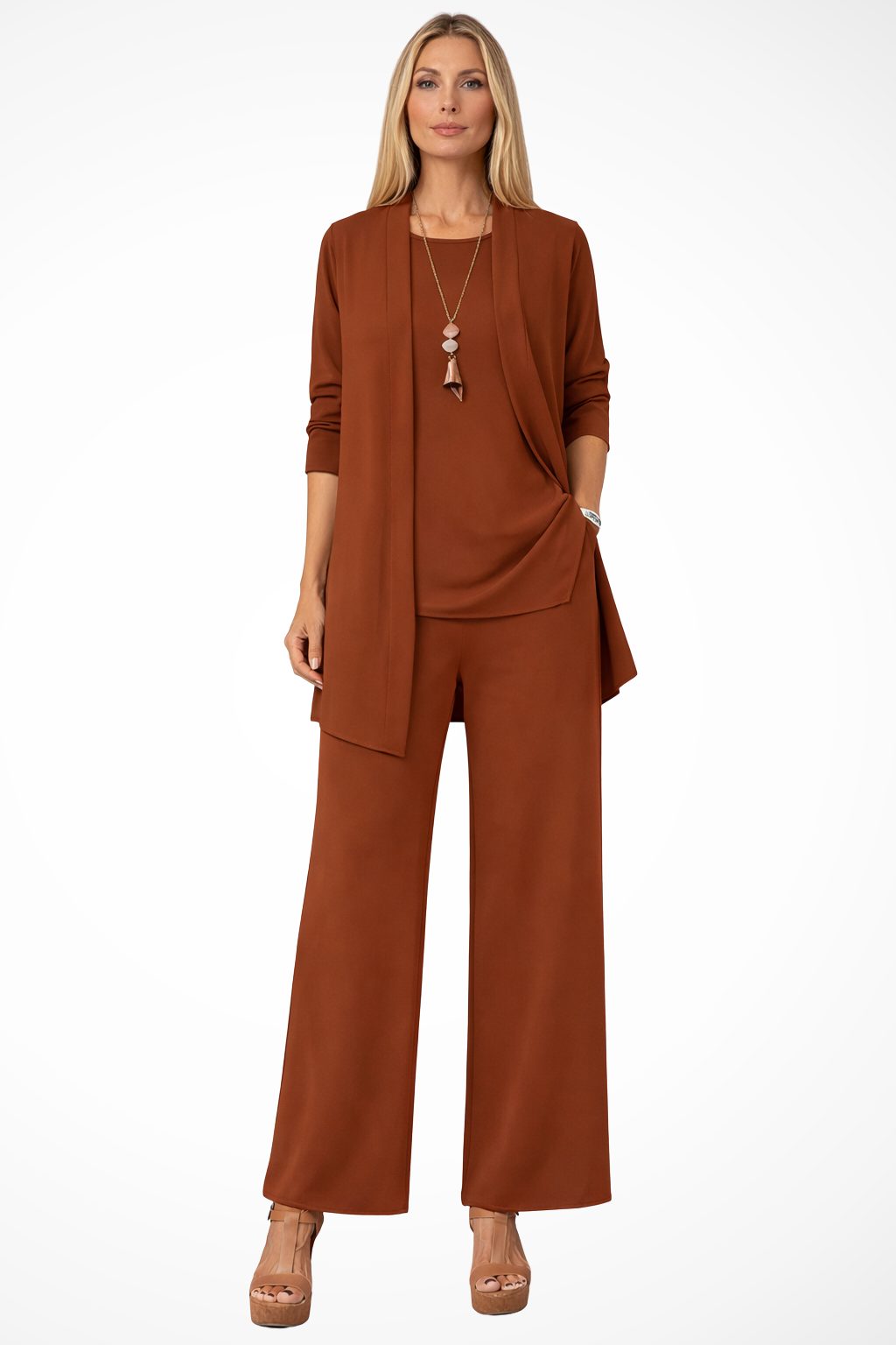 Women's Oversized Long Cardigan Set with Wide Leg Pants Dark Brown