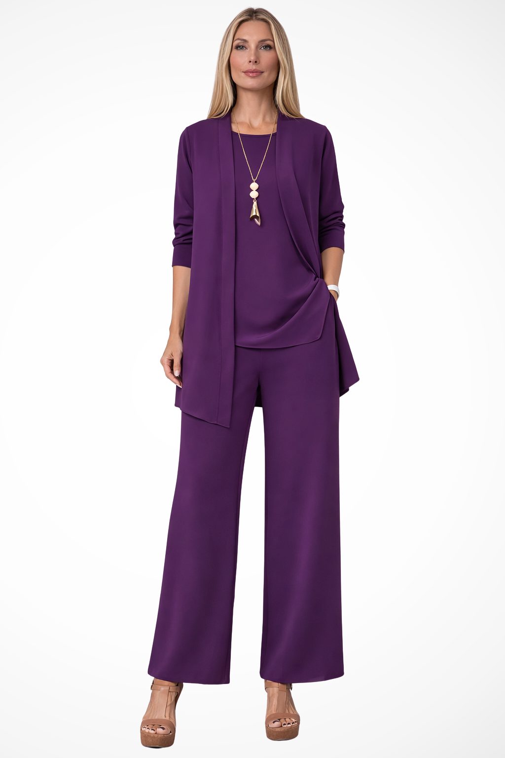 Women's Oversized Long Cardigan Set with Wide Leg Pants Purple
