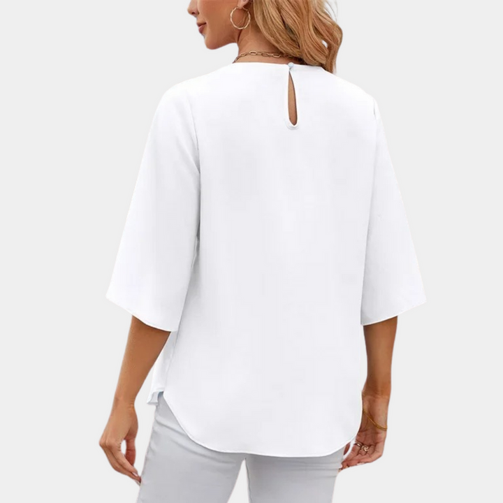 Women's Elegant Loose Fit Blouse – Round Neck – 3/4 Sleeve with Slit