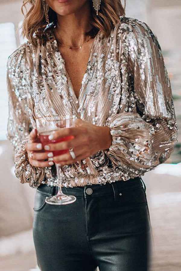 Women's V-Neck Sequined Blouse with Long Puff Sleeves - Relaxed Fit for Festive Occasions