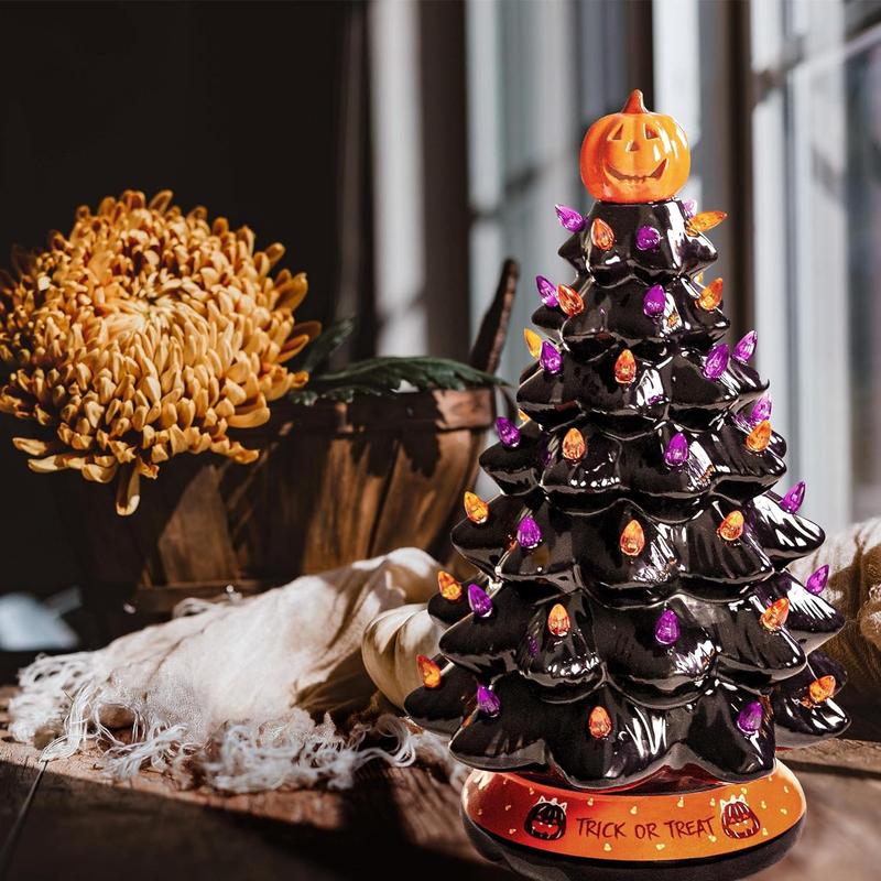 Halloween's LED Ceramic Holiday Tree with Purple Orange Beads Finish