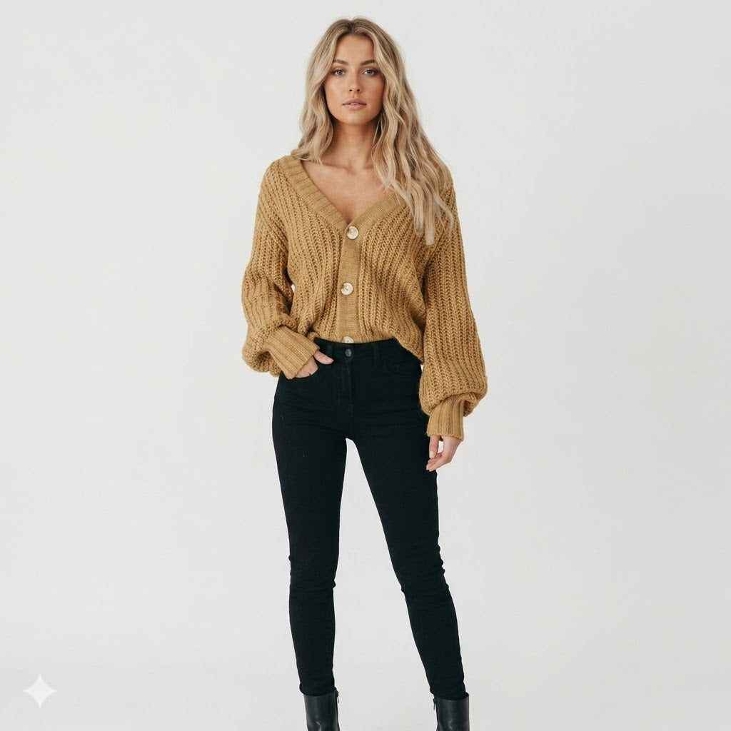Women's Chunky Knit Ribbed Knit Button Front Textured Cropped Cardigan Khaki