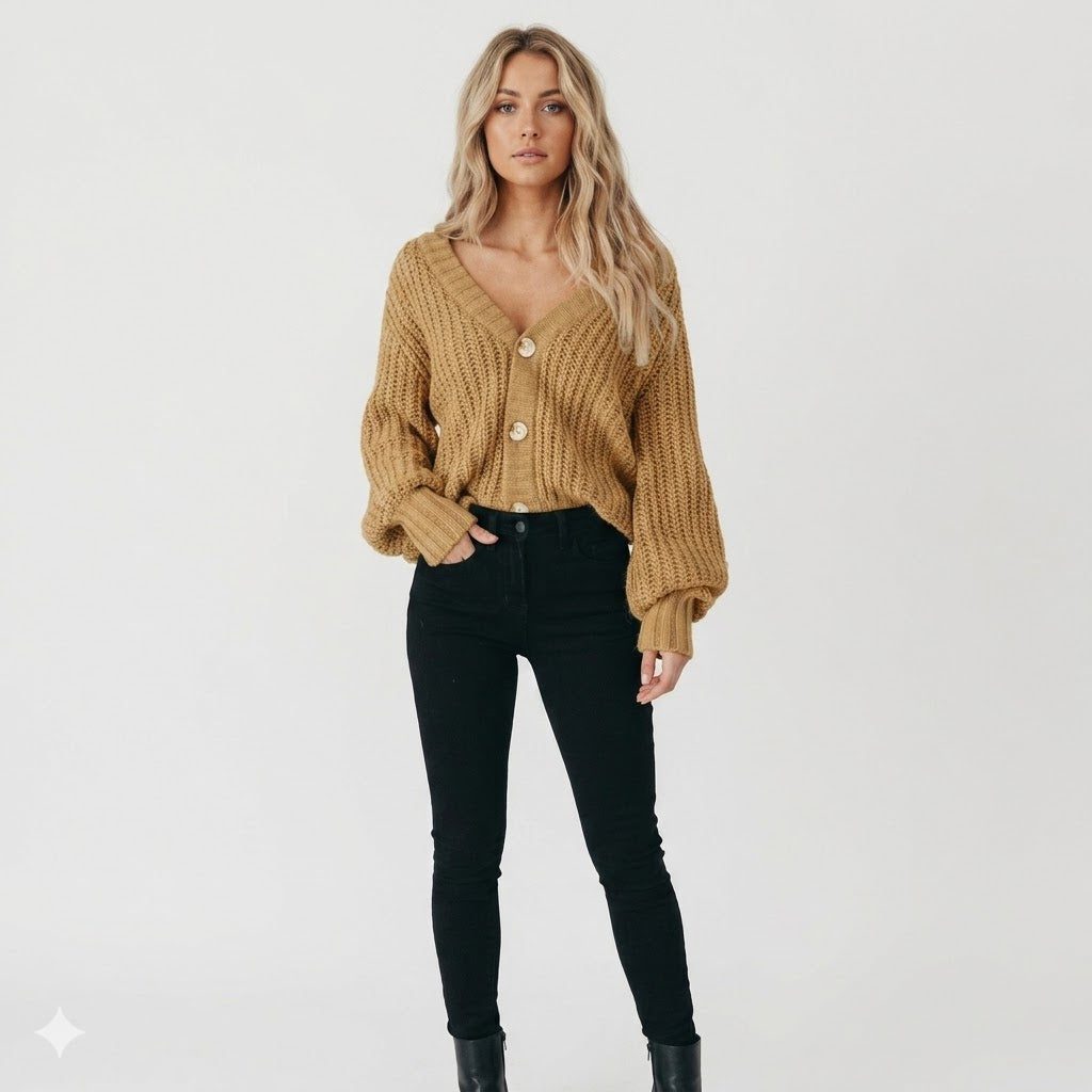 Women's Chunky Knit Button-Front Cardigan Khaki