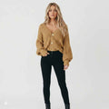 Women's Chunky Knit Ribbed Knit Button Front Textured Cropped Cardigan Khaki