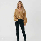 Women's Chunky Knit Ribbed Knit Button Front Textured Cropped Cardigan Khaki