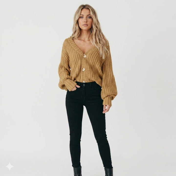 Women's Chunky Knit Button-Front Cardigan Khaki