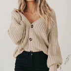 Women's Chunky Knit Ribbed Knit Button Front Textured Cropped Cardigan Beige