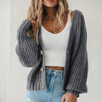 Women's Chunky Knit Ribbed Knit Button Front Textured Cropped Cardigan Grey