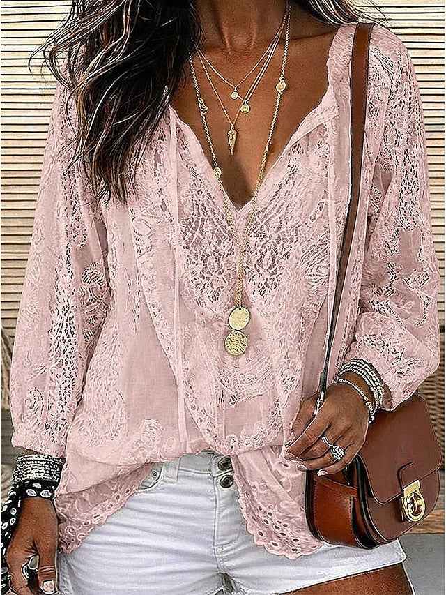 Women's Boho Lace-Detail Blouse Pink